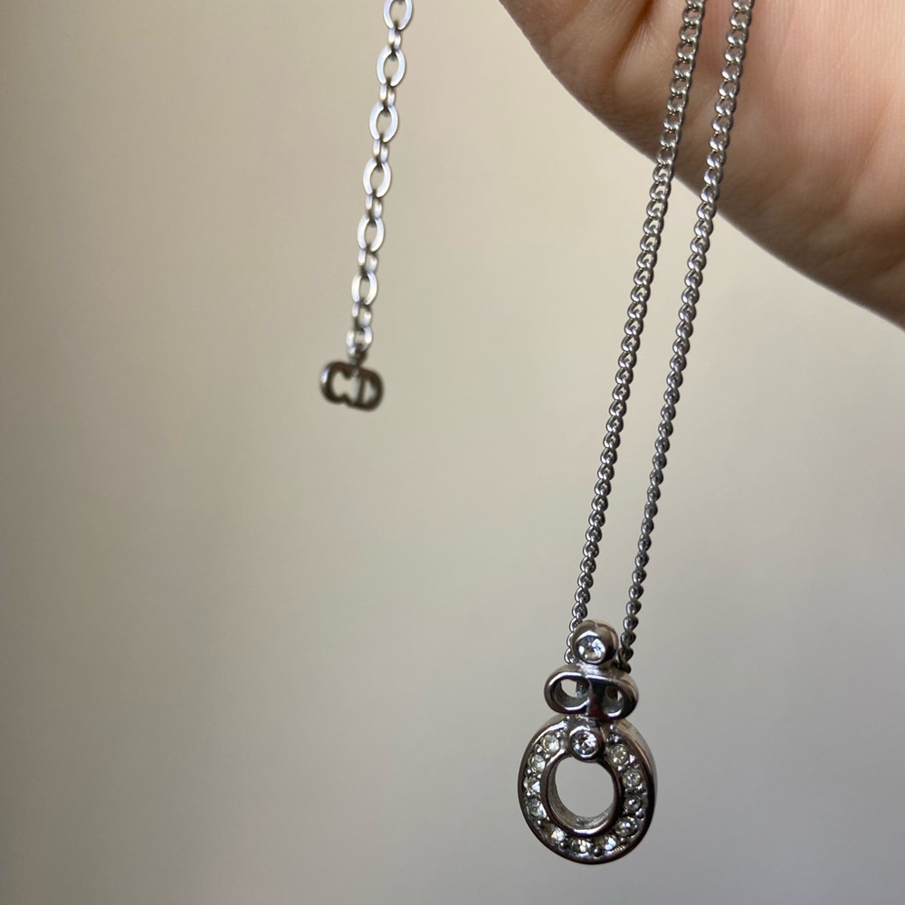 Christian Dior silver tone pendant necklace logo CD